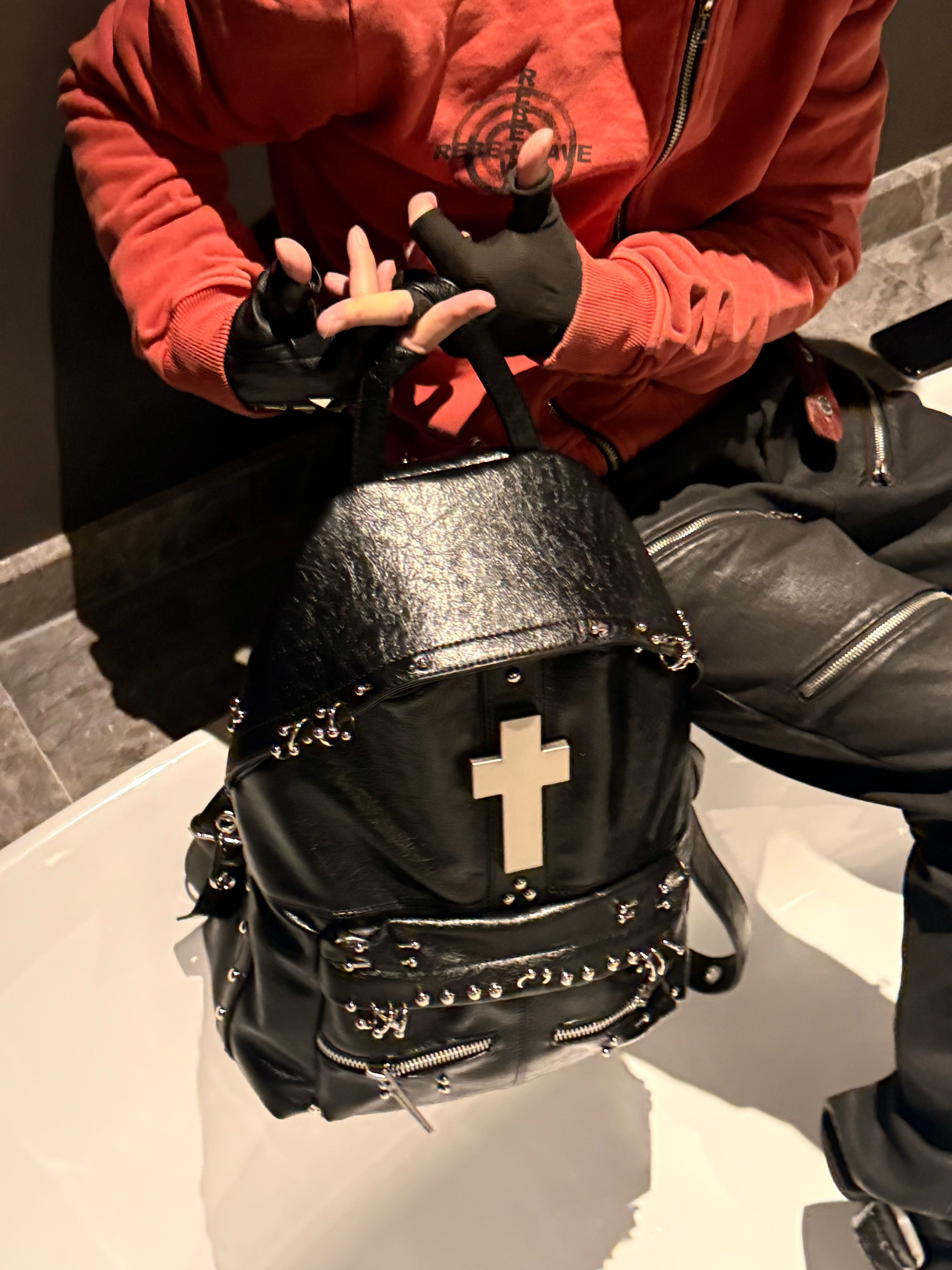 Cross-Shaped Cracked Leather Backpack – My Store
