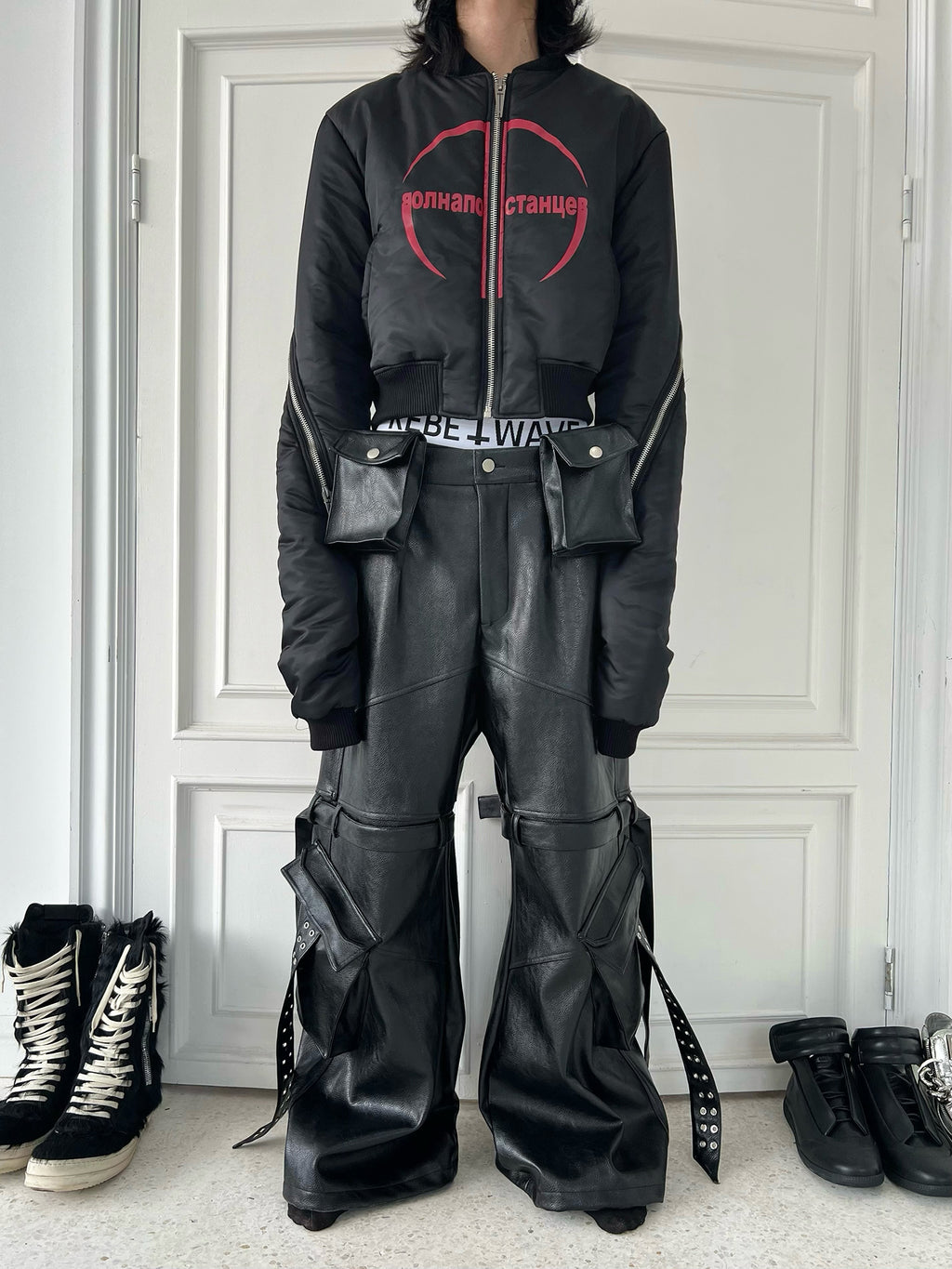 Double Waist Bag Structured Leather Pants