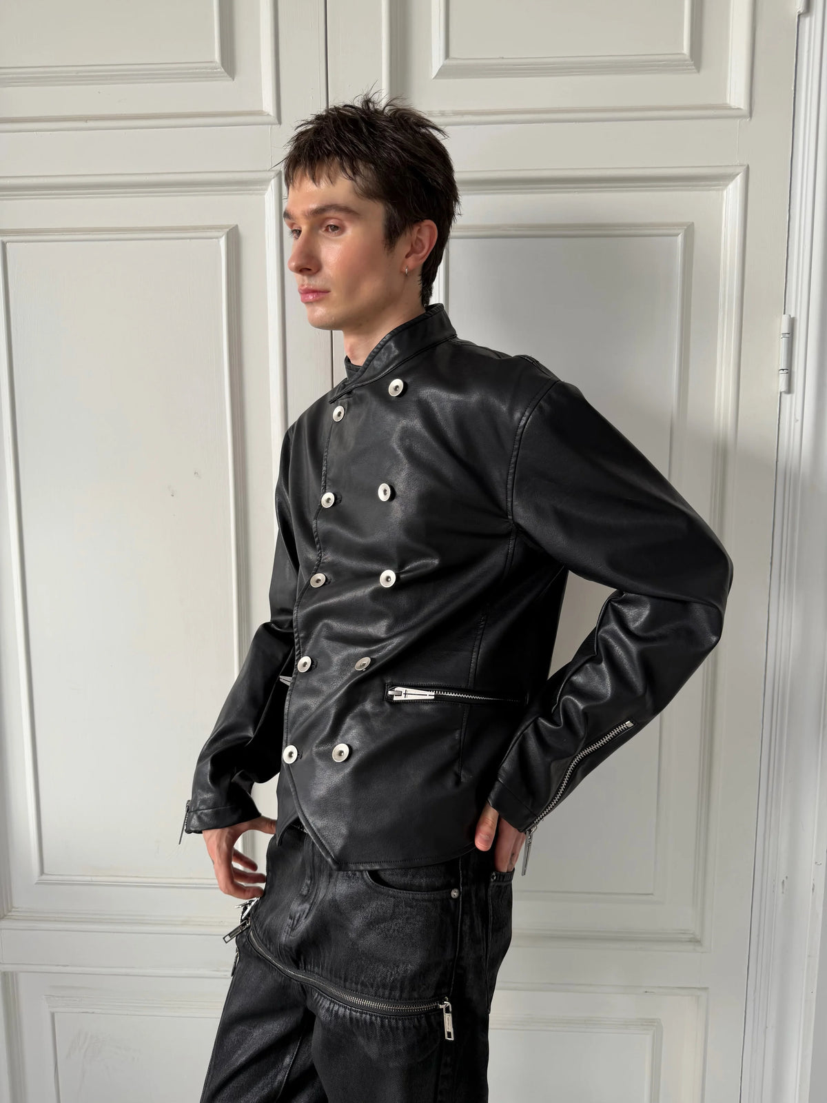 Placket Double-Breasted Stand Collar Leather Jacket