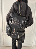 Multi-Zipper Cracked Leather Backpack, Multi-Pocket School Bag