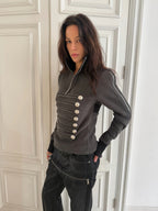 Napoleon Court Standing Collar Double-Breasted Terry Cloth Long Sleeve Jacket