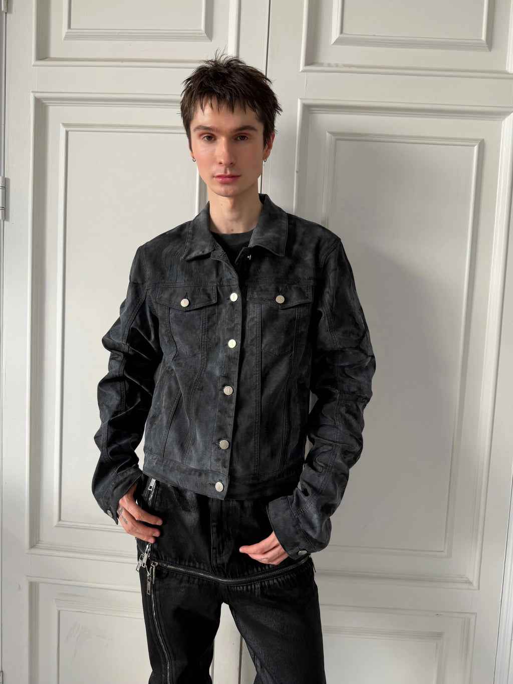 Suede Washed Distressed Jacket, Dirty Creased Denim Outerwear