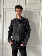 Suede Washed Distressed Jacket, Dirty Creased Denim Outerwear