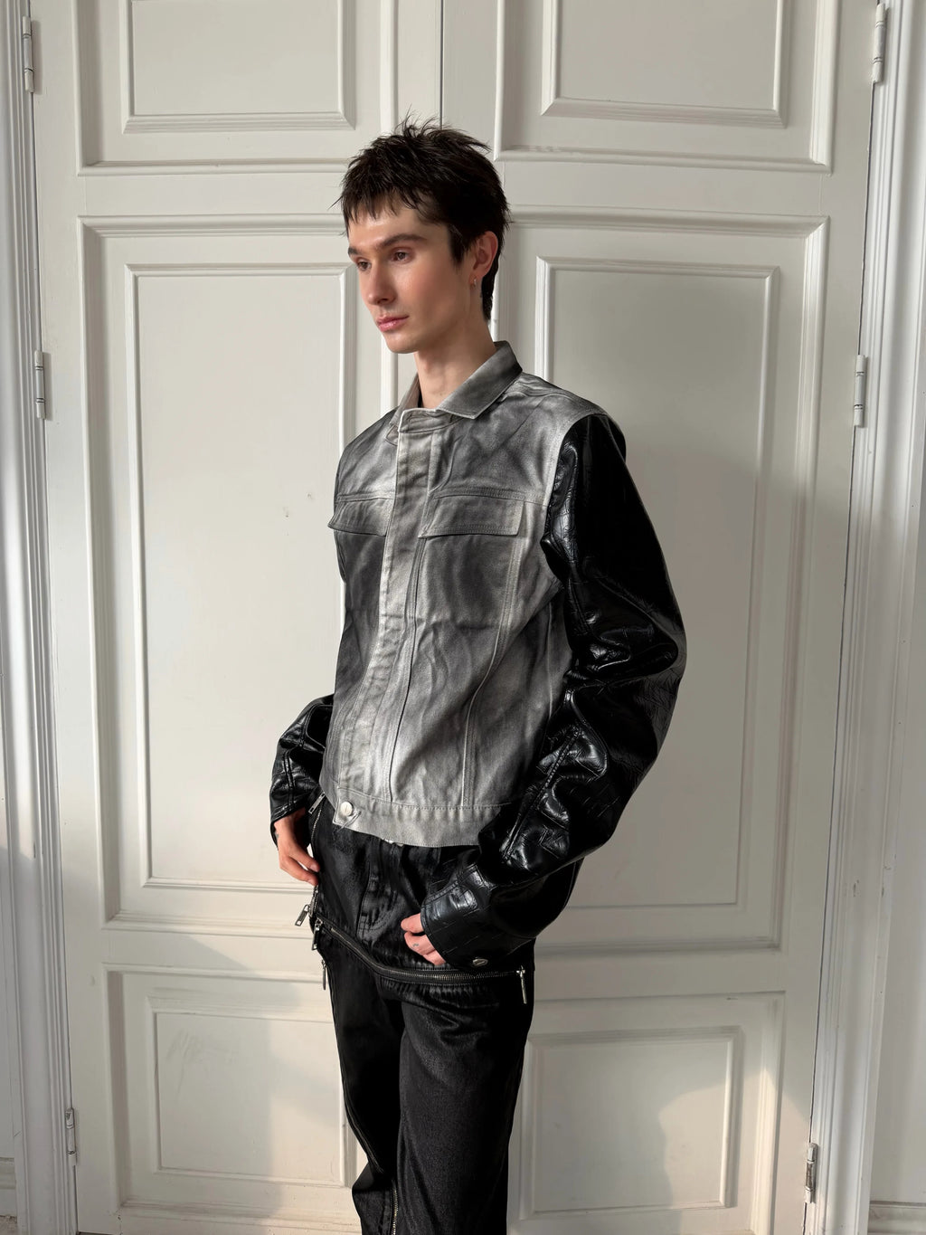 Splatter Distressed Patchwork Croc Leather Jacket, Mixed-Leather Denim Outerwear
