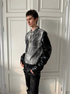 Splatter Distressed Patchwork Croc Leather Jacket, Mixed-Leather Denim Outerwear
