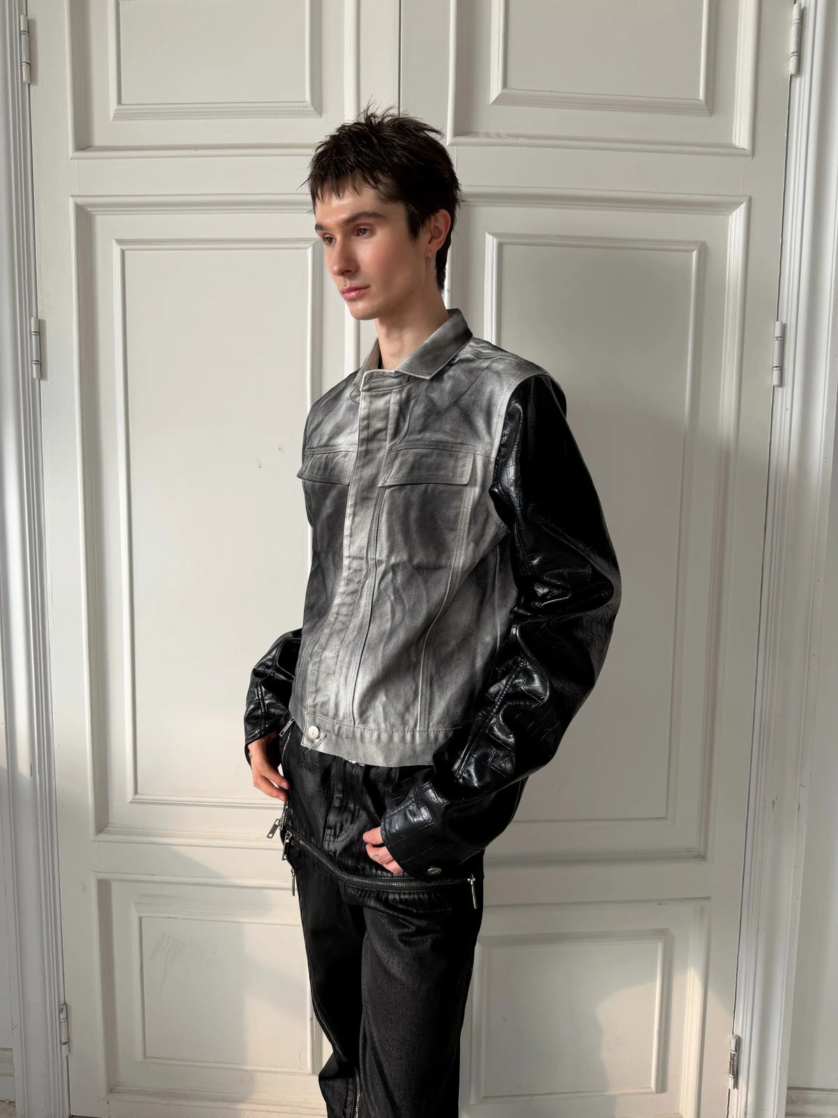 Splatter Distressed Patchwork Croc Leather Jacket, Mixed-Leather Denim Outerwear