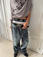 Wax‑Coated Blue Gel 3D Whisker Wide‑Leg Straight‑Fit Jeans