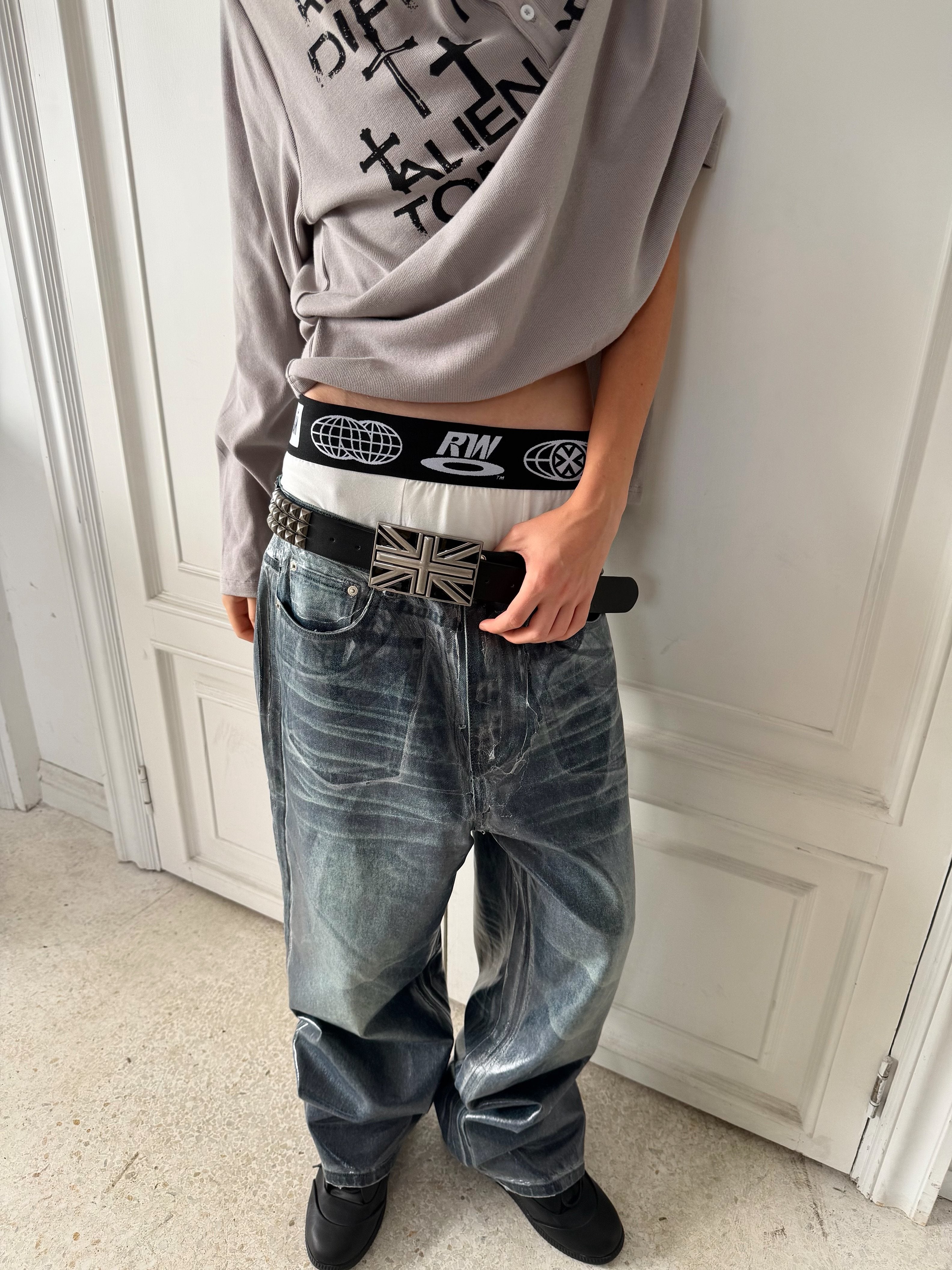 Wax‑Coated Blue Gel 3D Whisker Wide‑Leg Straight‑Fit Jeans
