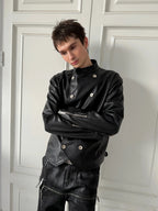 Placket Double-Breasted Stand Collar Leather Jacket