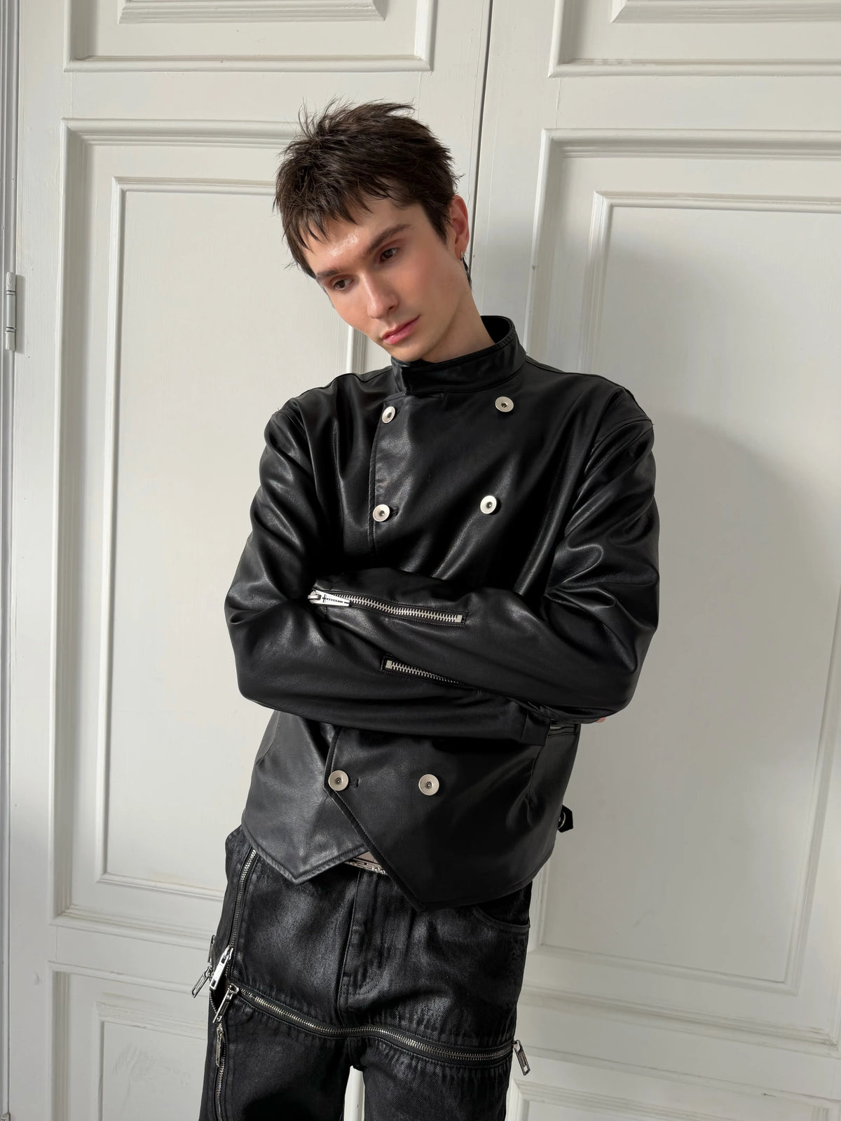 Placket Double-Breasted Stand Collar Leather Jacket