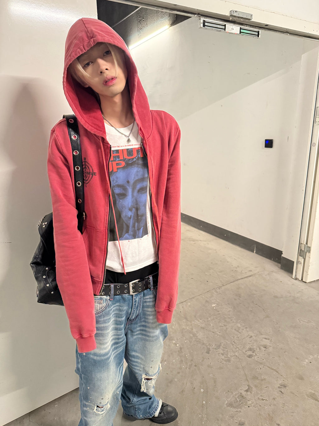 Red Washed Zip-Up Skinny Hoodie