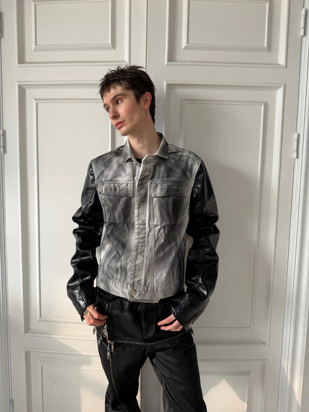 Splatter Distressed Patchwork Croc Leather Jacket, Mixed-Leather Denim Outerwear