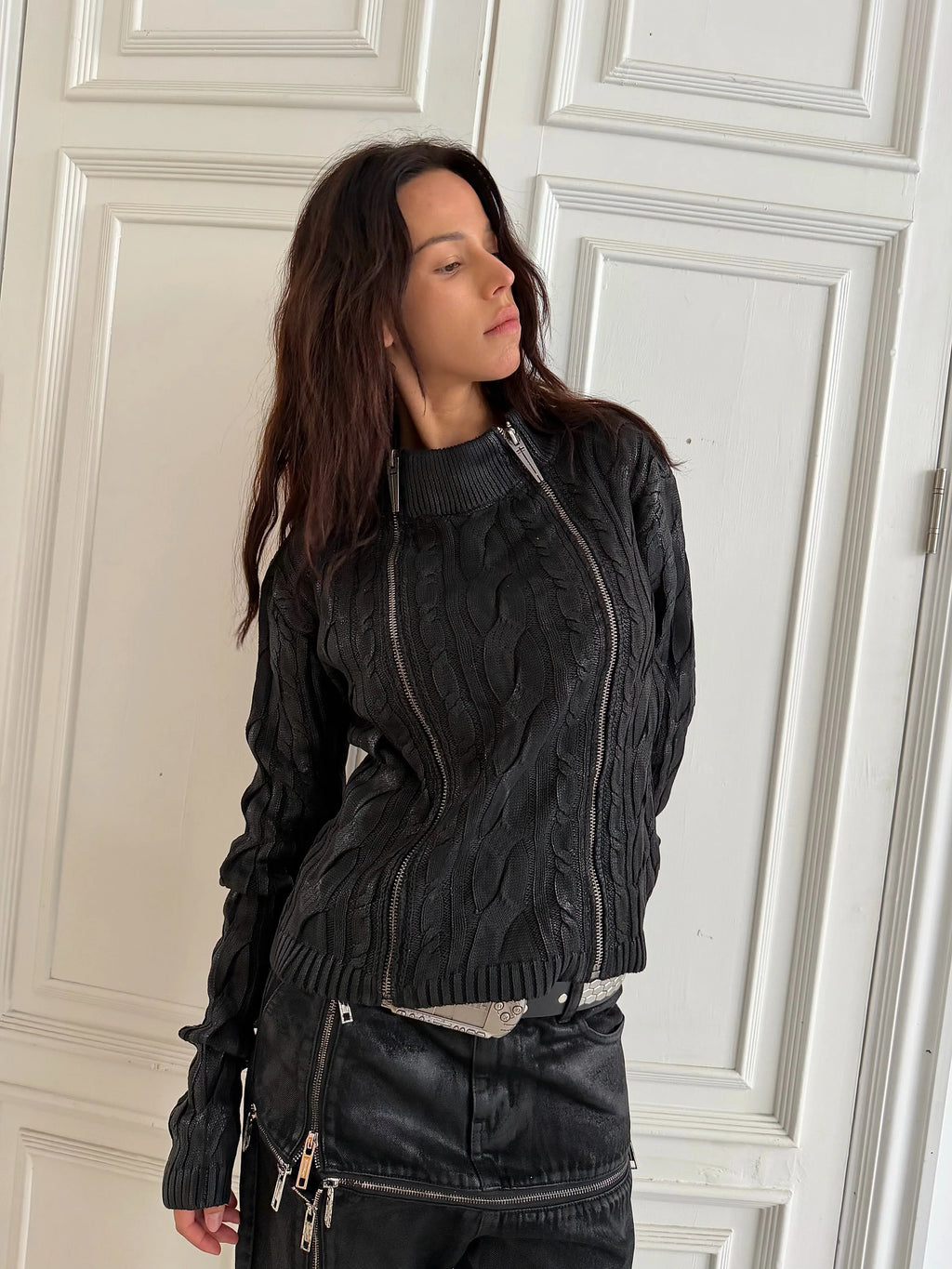 Waxed Cable Knit Sweater, Knit Outer Top with Multi-Zipper Design