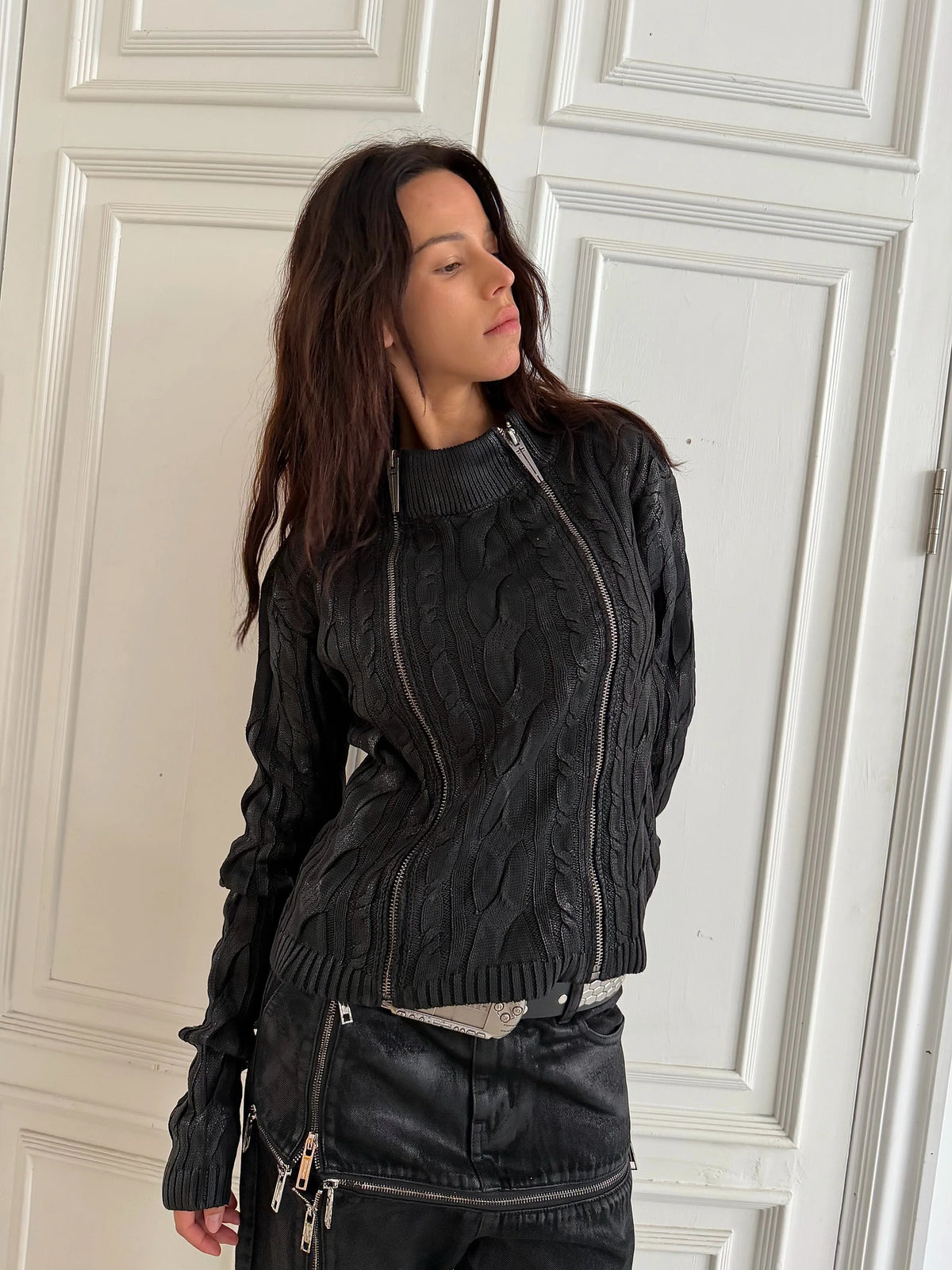 Waxed Cable Knit Sweater, Knit Outer Top with Multi-Zipper Design