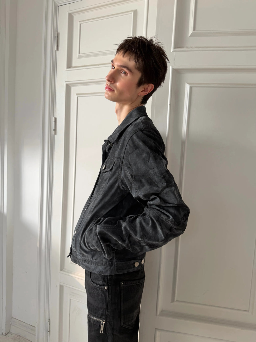 Suede Washed Distressed Jacket, Dirty Creased Denim Outerwear