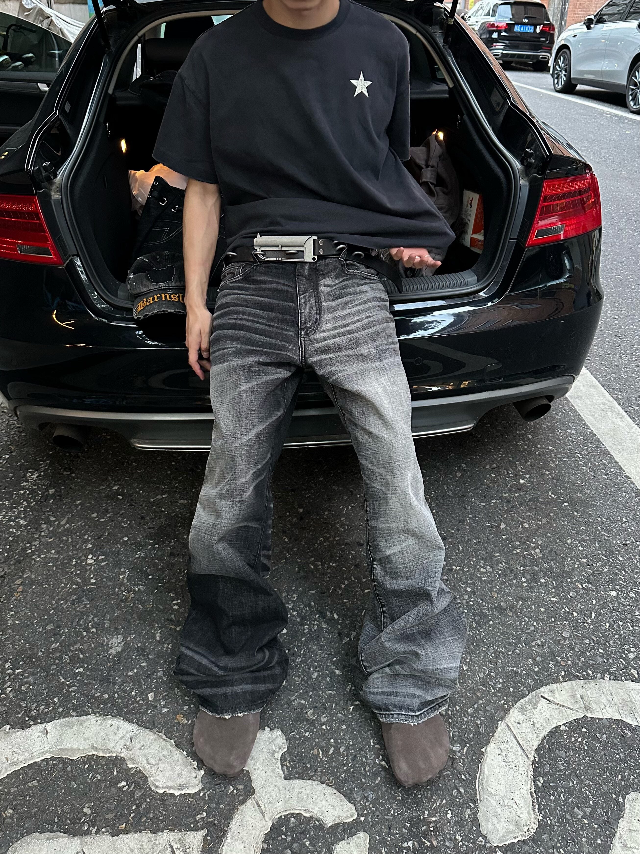 Two-Tone Washed Jeans, Yin-Yang Whisker Denim Pants