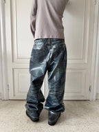 Wax‑Coated Blue Gel 3D Whisker Wide‑Leg Straight‑Fit Jeans