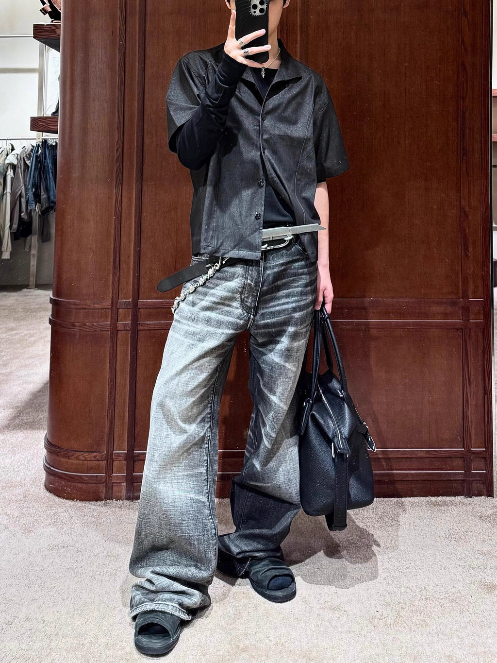 Two-Tone Washed Jeans, Yin-Yang Whisker Denim Pants