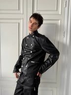 Placket Double-Breasted Stand Collar Leather Jacket