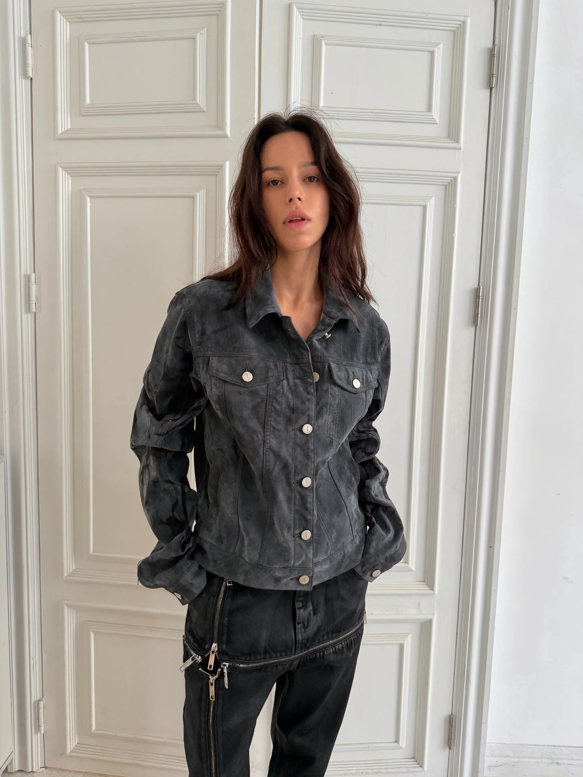 Suede Washed Distressed Jacket, Dirty Creased Denim Outerwear