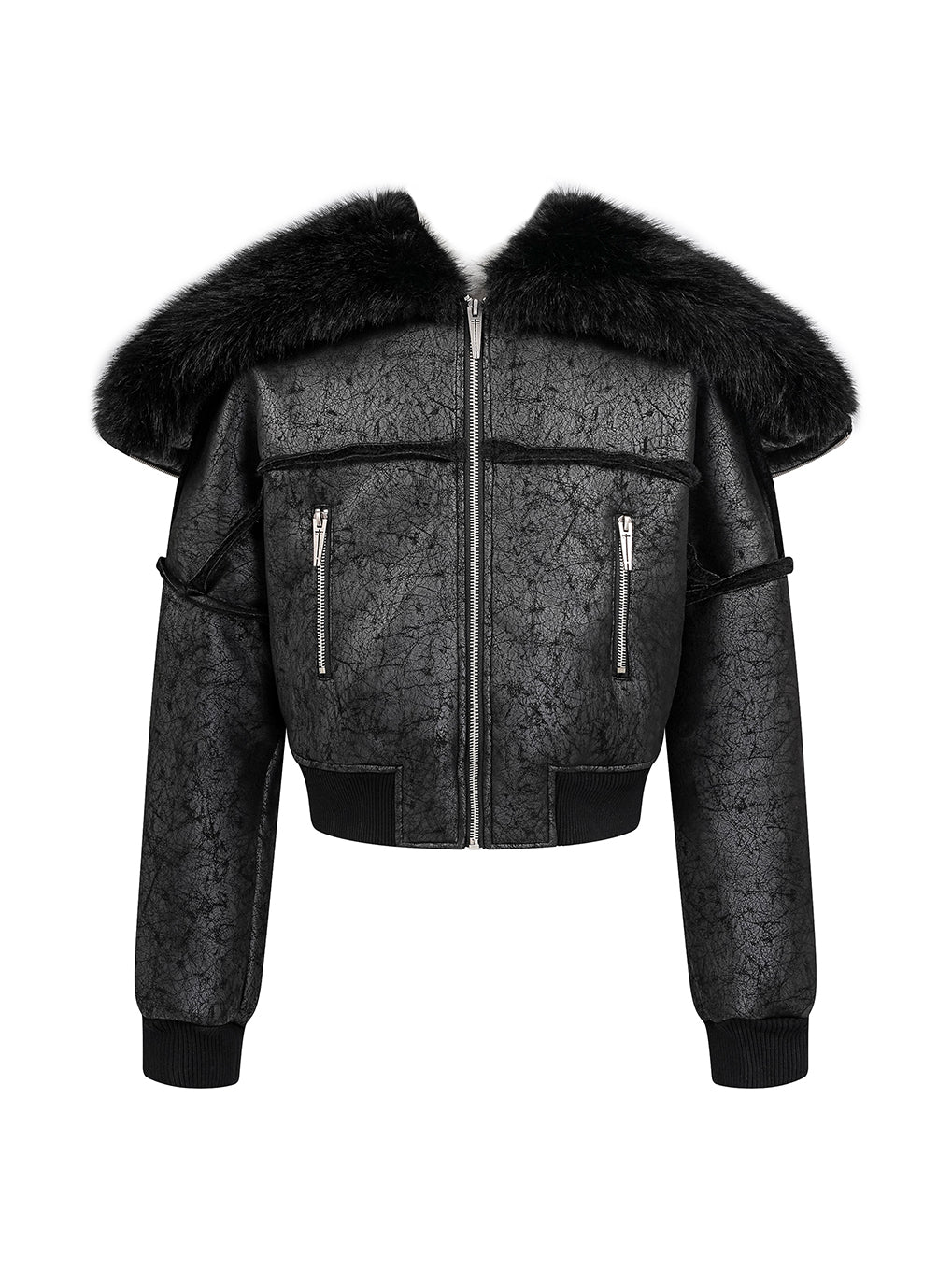 Multi-Zipper Fur Collar Fur Jacket