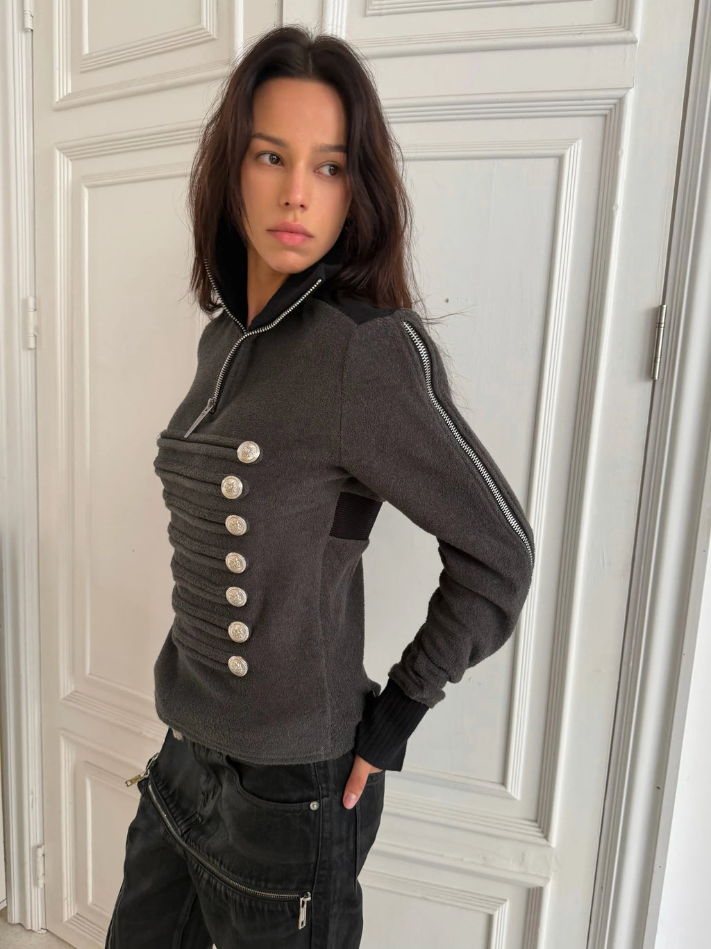 Napoleon Court Standing Collar Double-Breasted Terry Cloth Long Sleeve Jacket