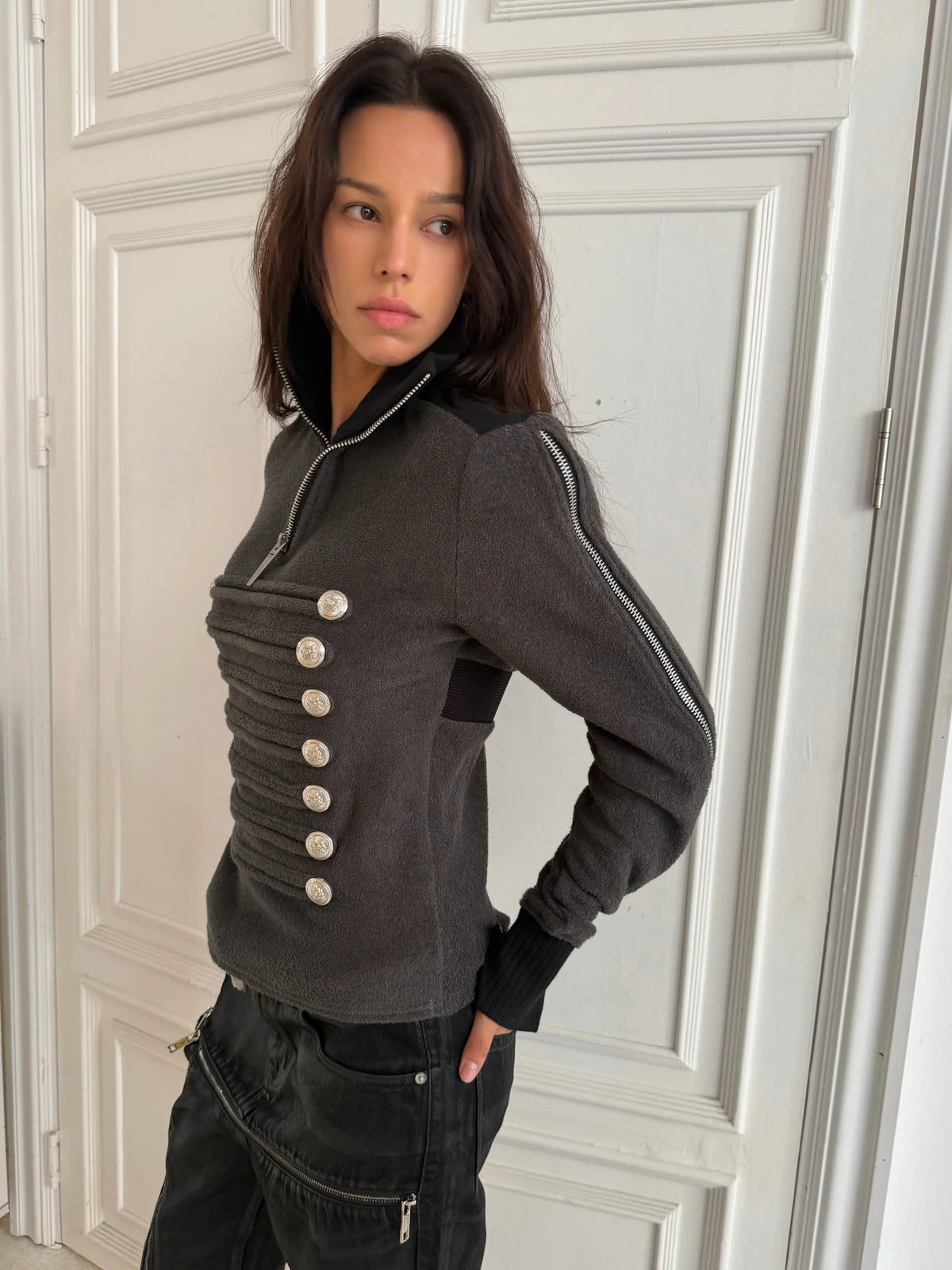 Napoleon Court Standing Collar Double-Breasted Terry Cloth Long Sleeve Jacket