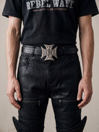 Genuine Leather Belt with Cross Metal Studs