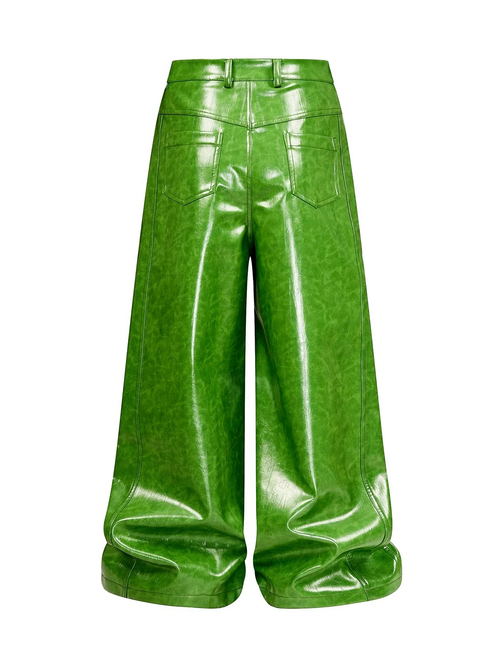 Green Liquid Leather Wide-Leg Pants