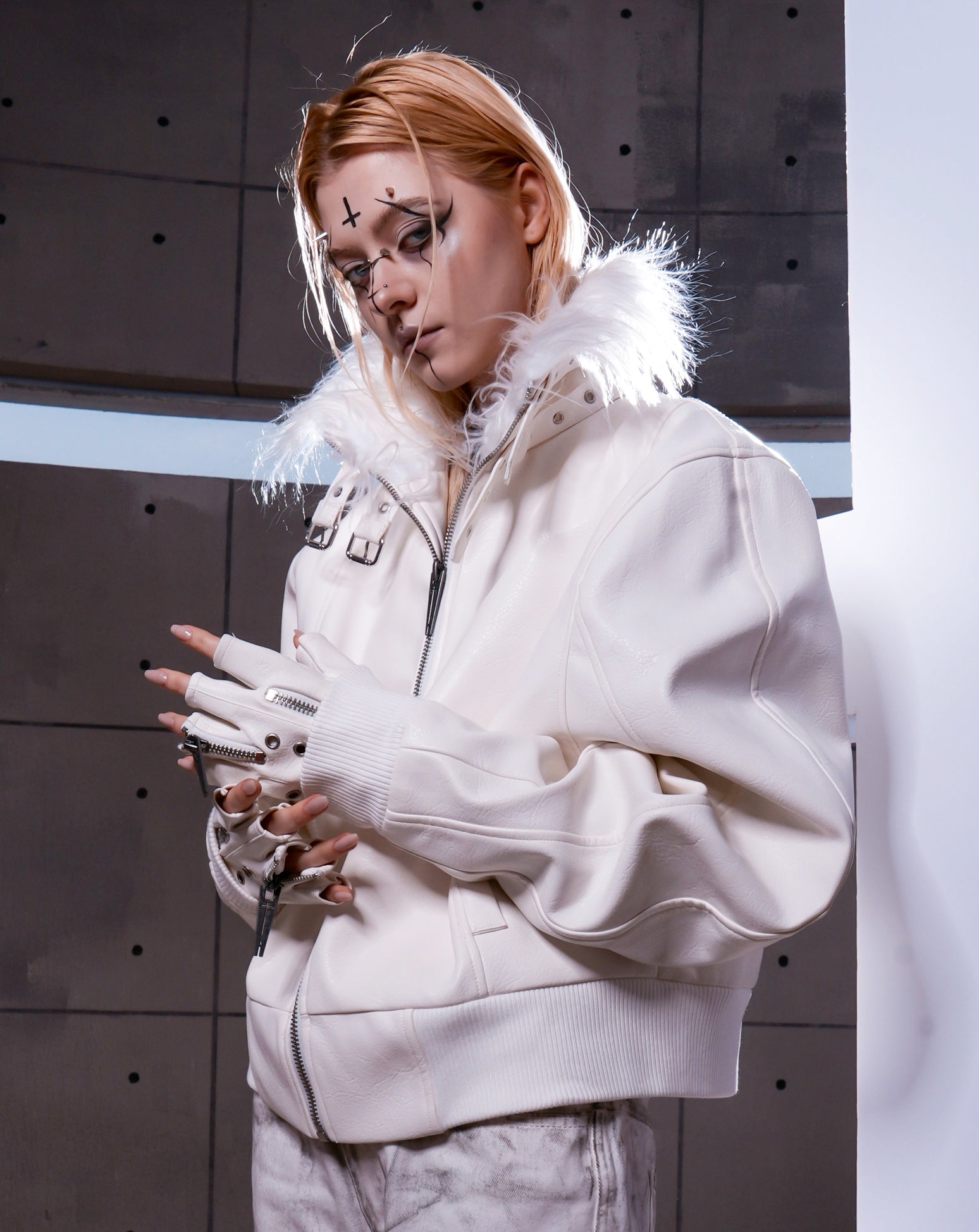 White Devil Faux Fur Collar Leather Jacket