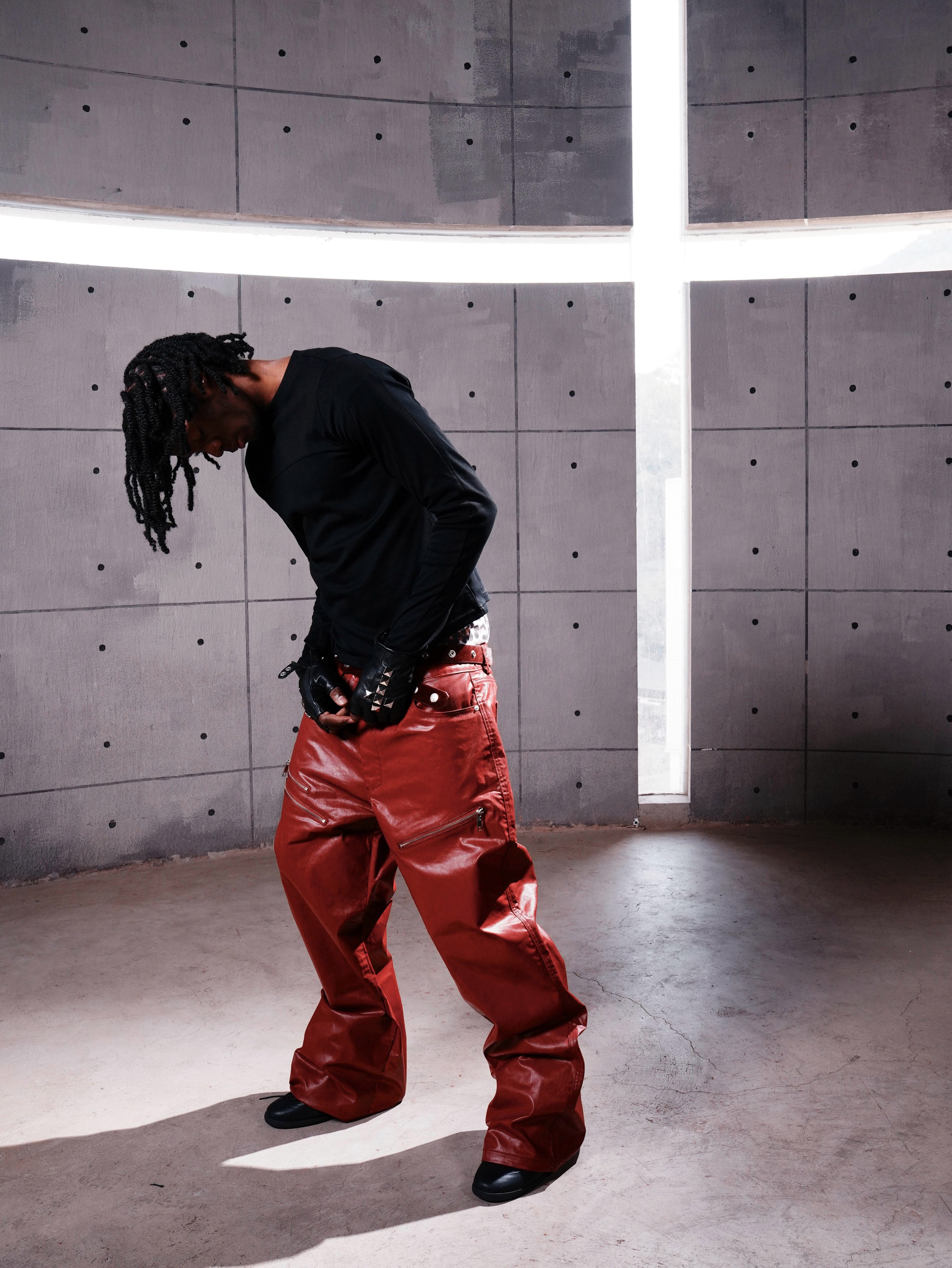 Red Coated Straight-Leg Waxed Jeans