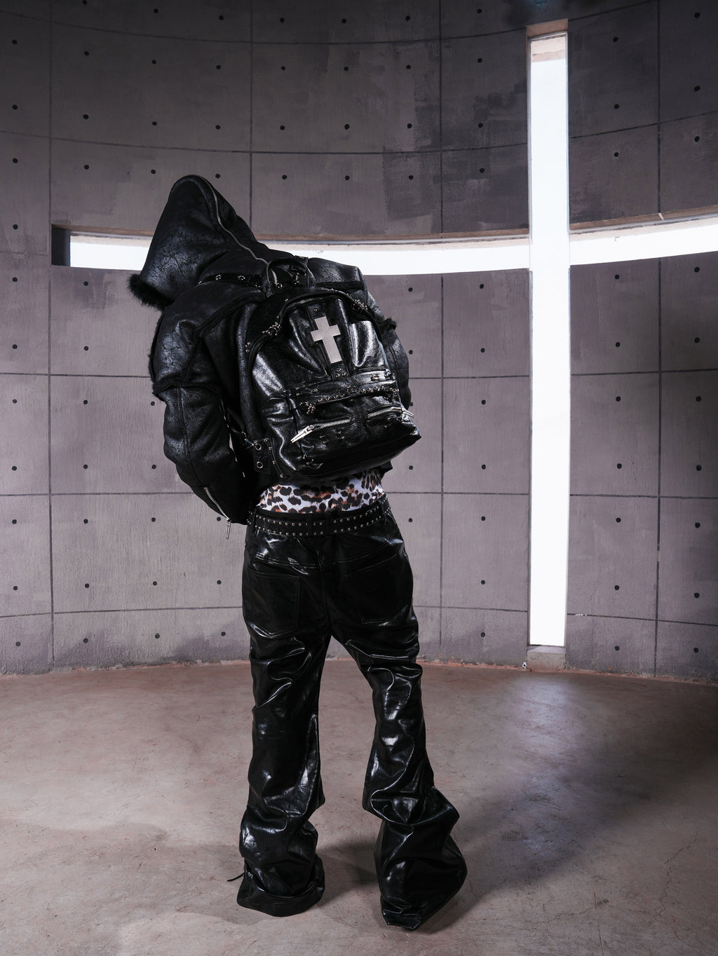 Cross-Shaped Cracked Leather Backpack