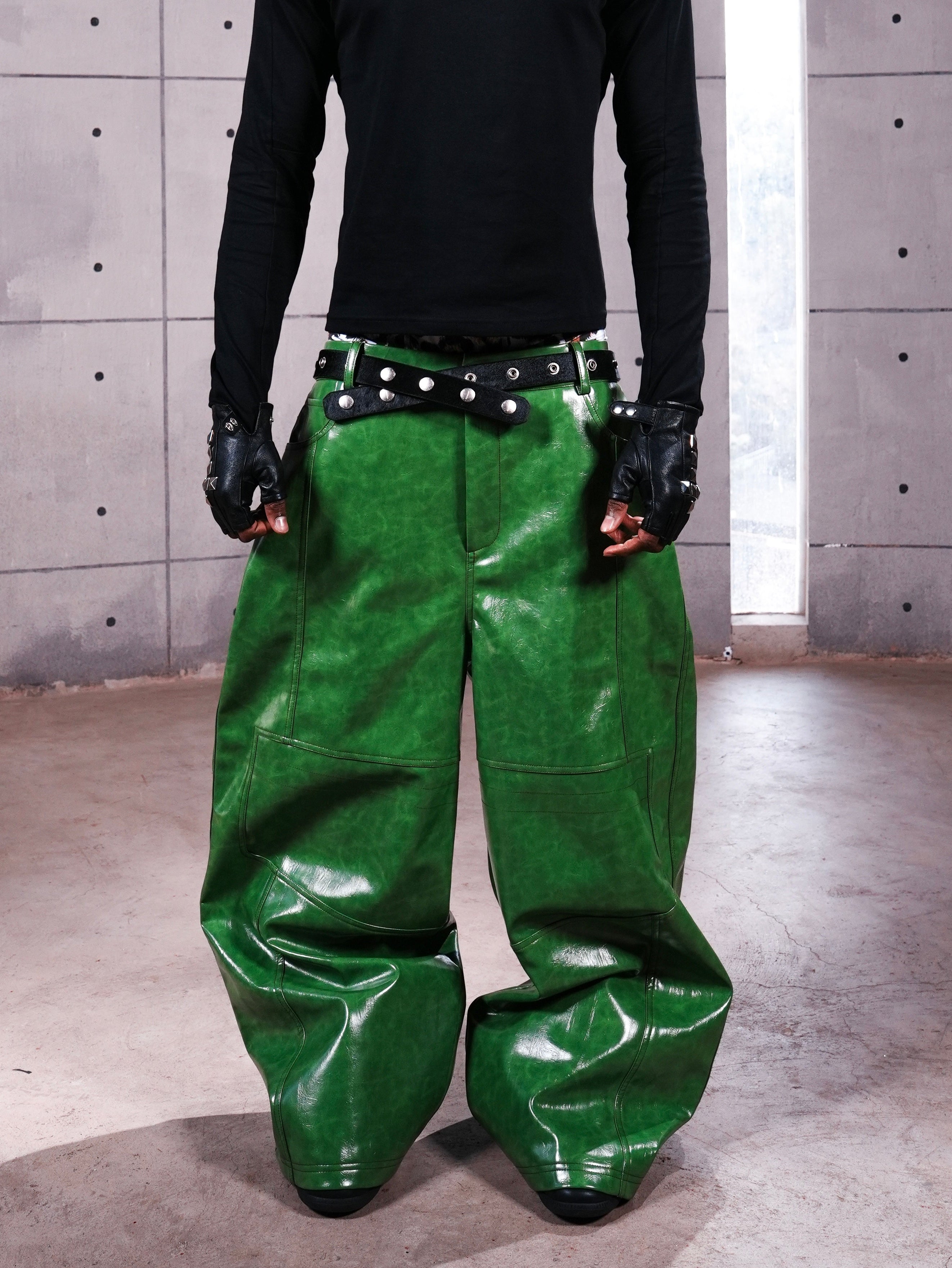REBEL WAVE Green Liquid ワイドレッグパンツ y2k Green Liquid Leather Wide-Leg Pants – My Store