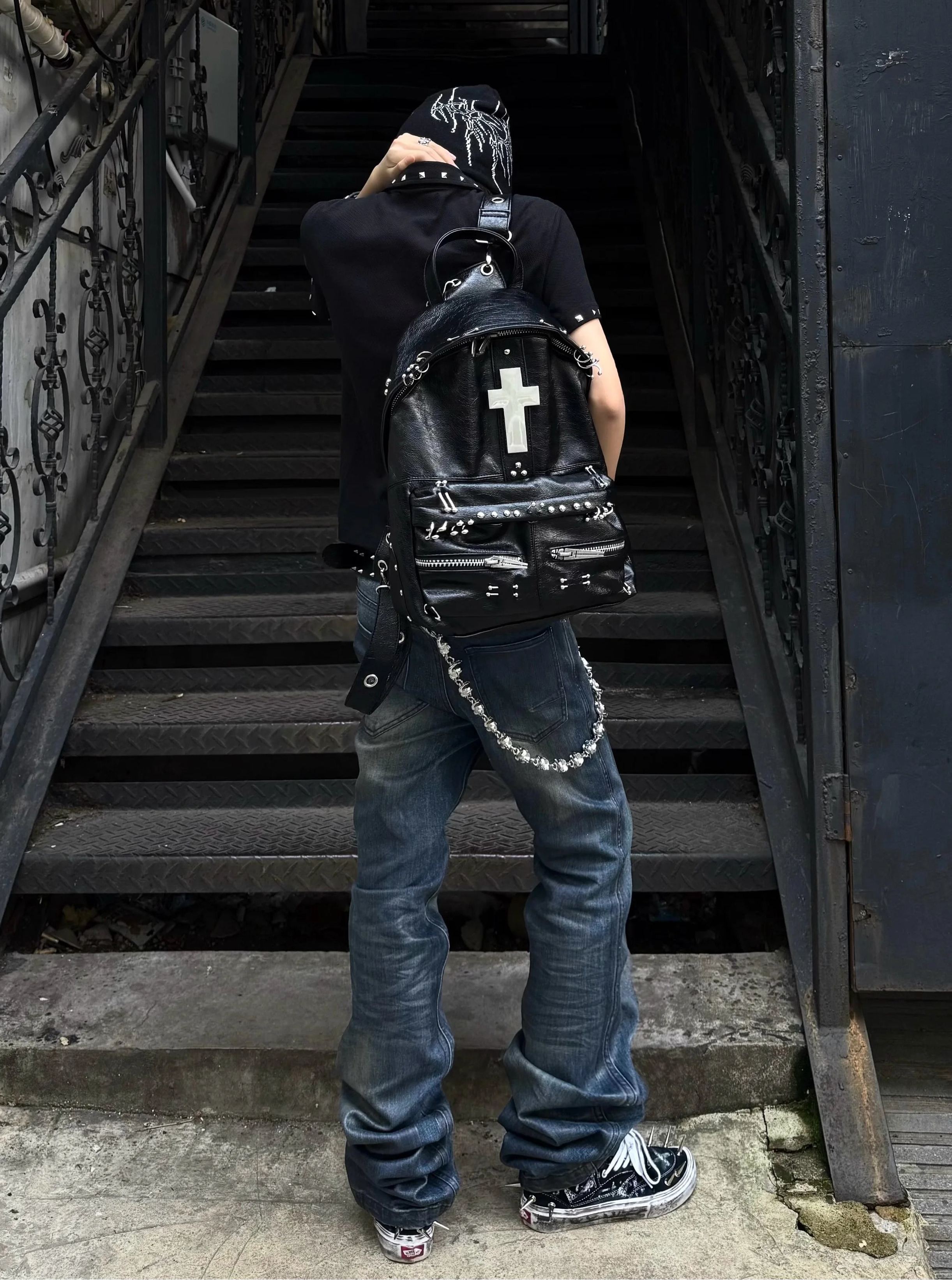 Cross-Shaped Cracked Leather Backpack
