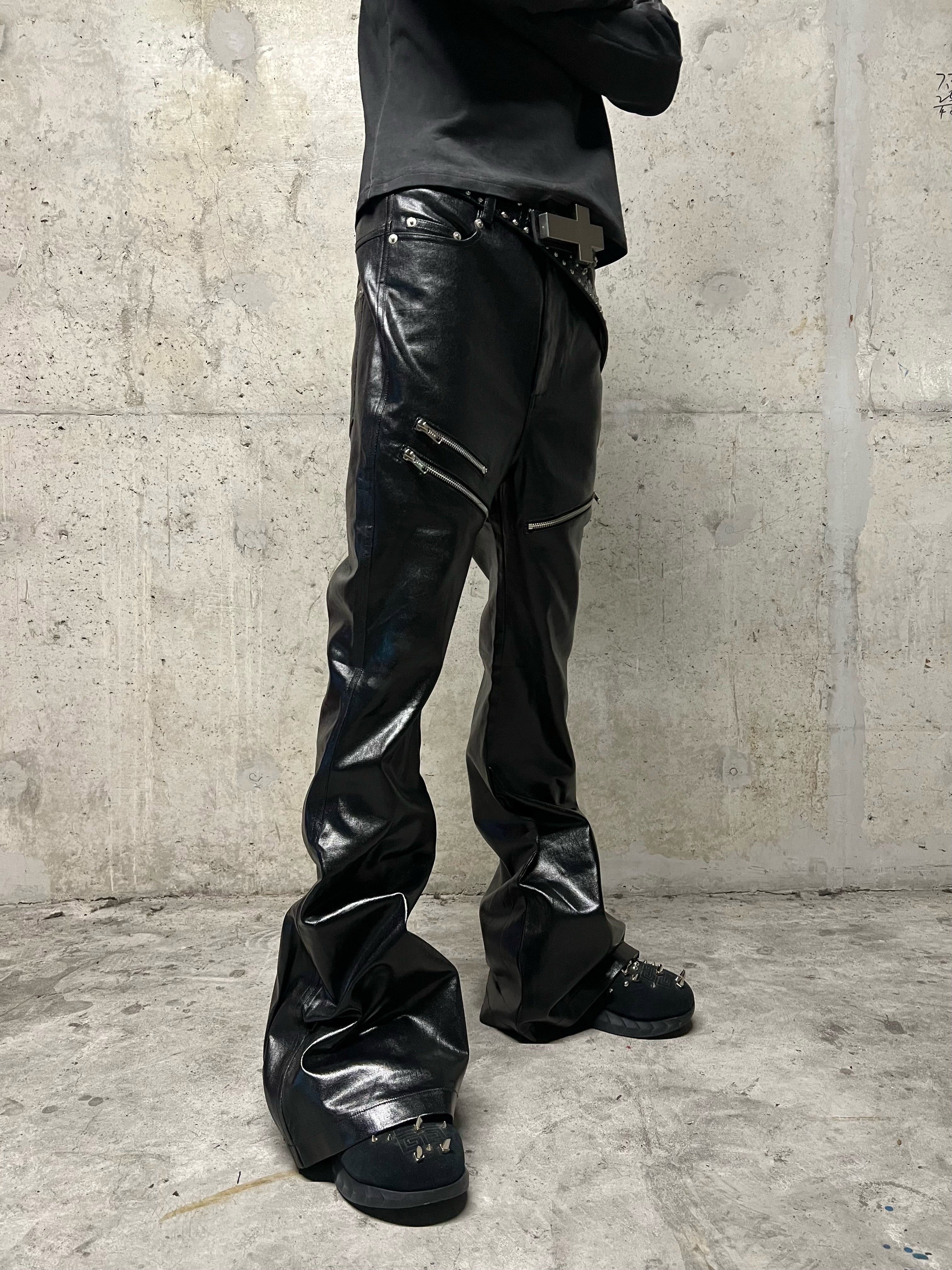 Liquid Metal Coated Wax Pants Flared Jeans