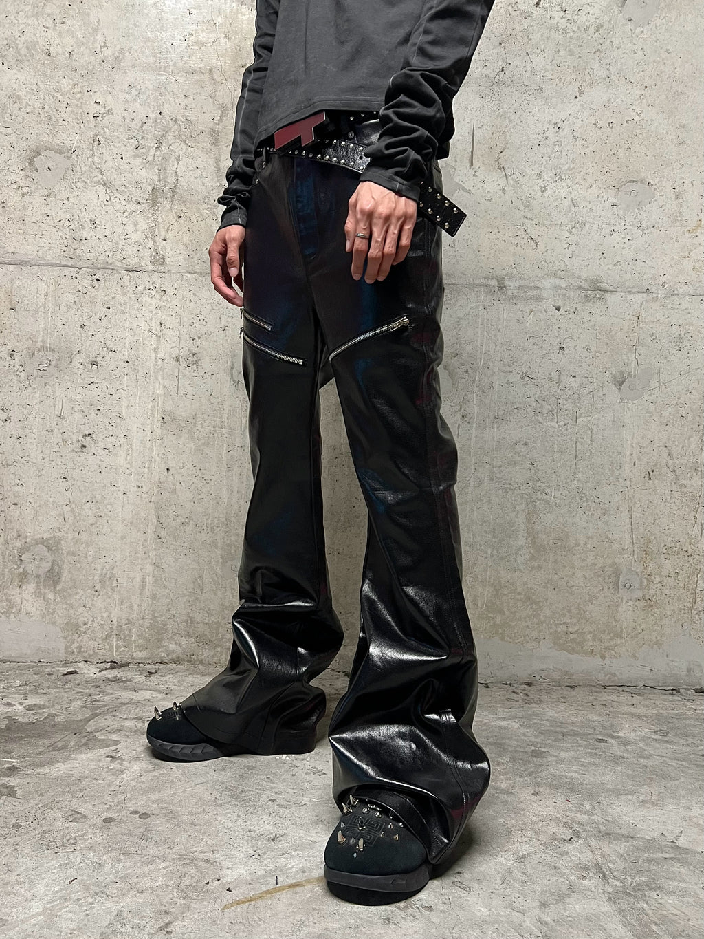 Liquid Metal Coated Wax Pants Flared Jeans