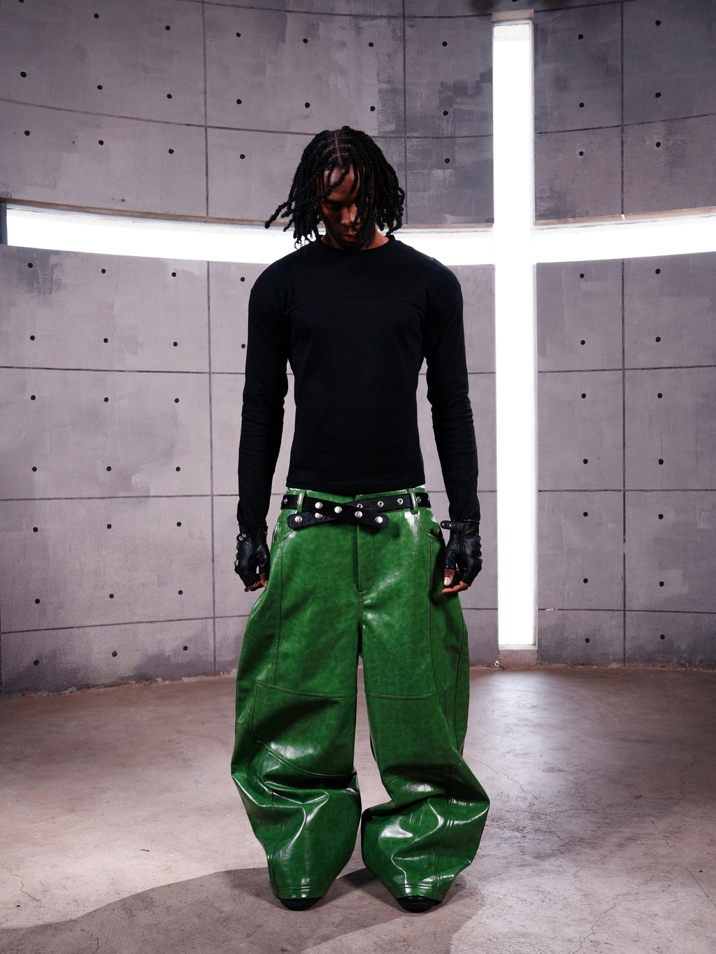 Green Liquid Leather Wide-Leg Pants