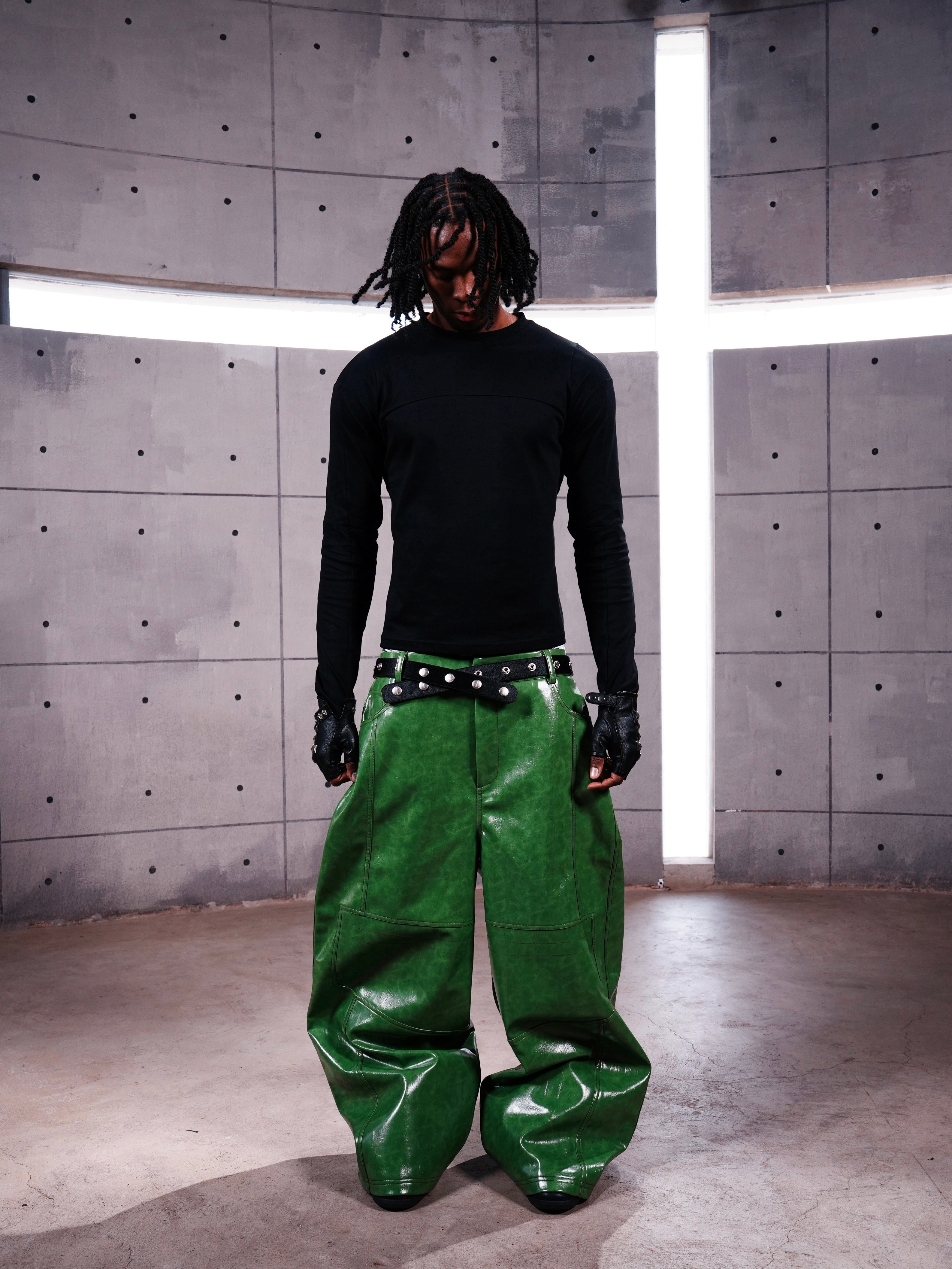 Green Liquid Leather Wide-Leg Pants