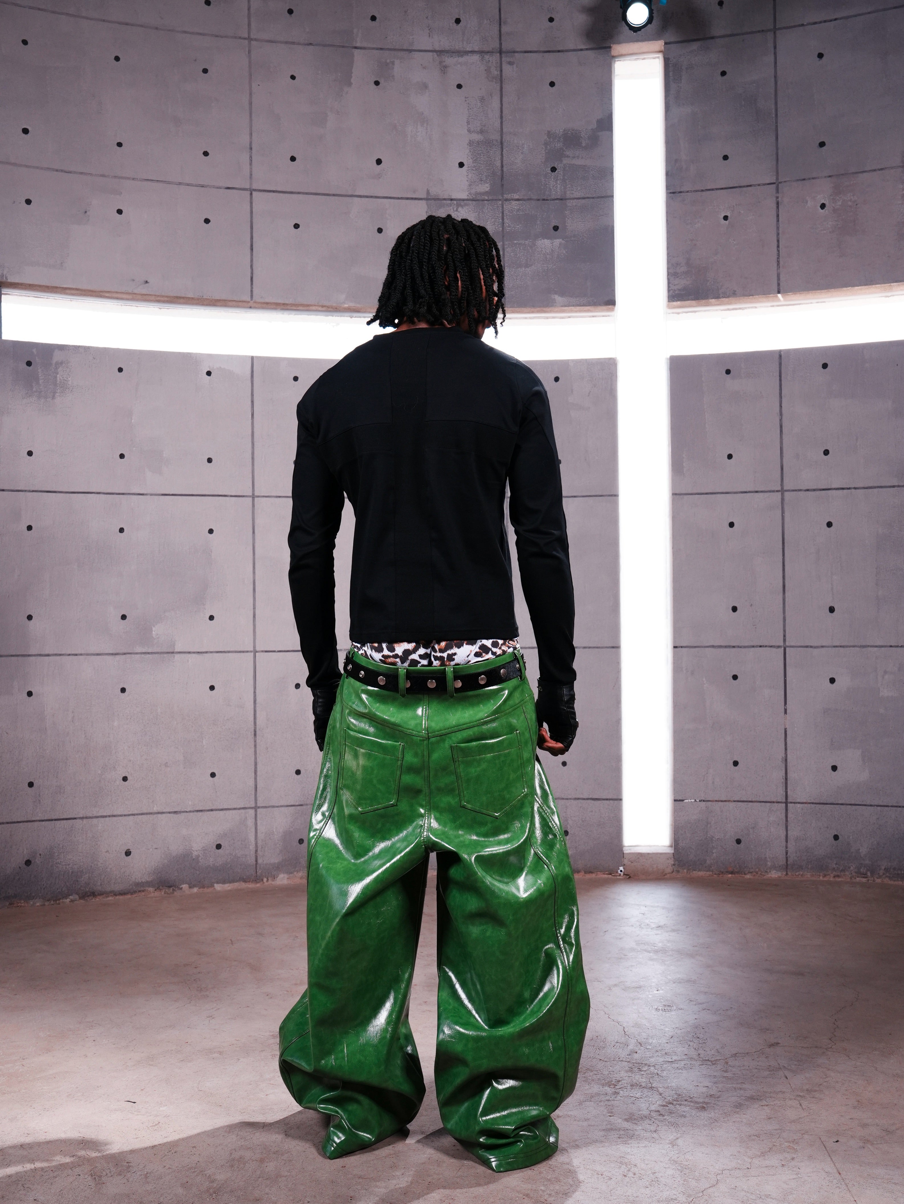 Green Liquid Leather Wide-Leg Pants