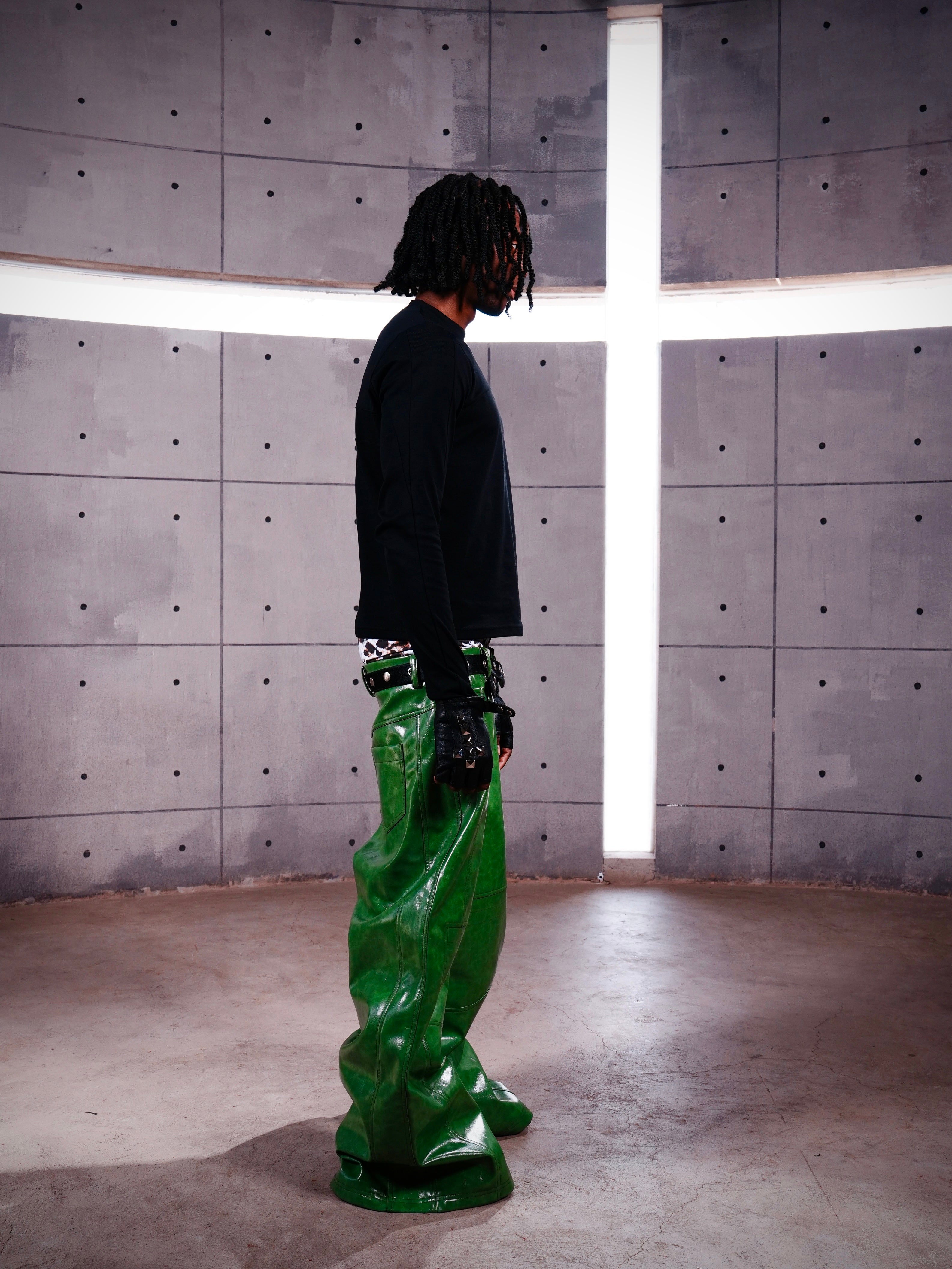 Green Liquid Leather Wide-Leg Pants